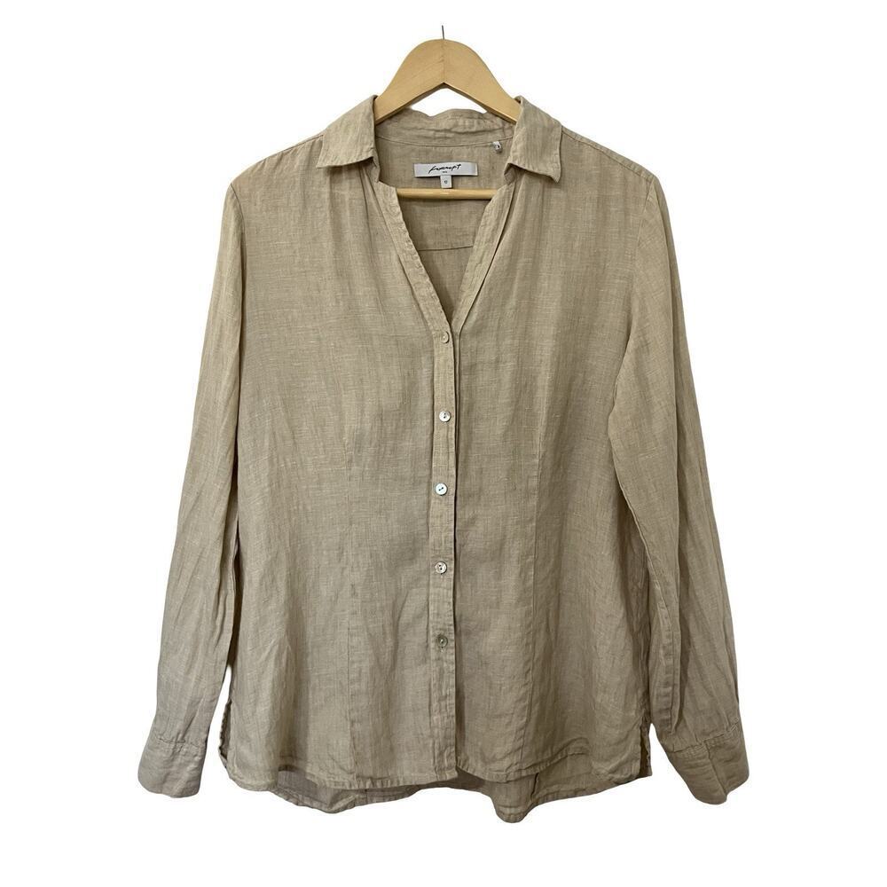 Foxcroft Womens 100% Linen‎ V Neck Button Shirt Size 12 Neutral Lagenlook Beachy